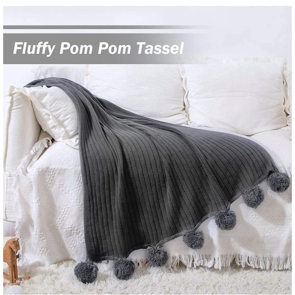 Trendy Dark Grey Pompom Fringe Chic Cozy Soft Throw Blanket/Cover Dorm/Bedroom - Picture 4 of 12